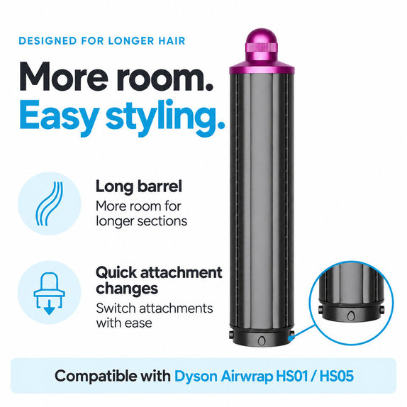 Дълъг накрайник за къдрене за Dyson Airwrap HS01, HS05, 40 mm, Nickel / Fuchsia