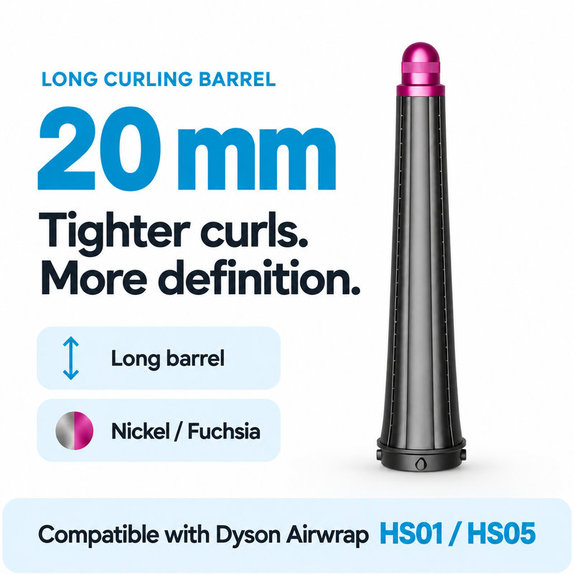 Дълъг накрайник за къдрене за Dyson Airwrap HS01, HS05, 20 mm, Nickel / Fuchsia
