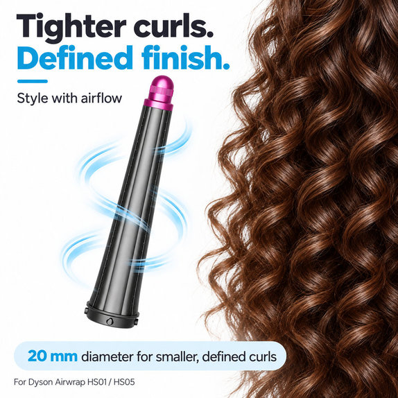 Дълъг накрайник за къдрене за Dyson Airwrap HS01, HS05, 20 mm, Nickel / Fuchsia