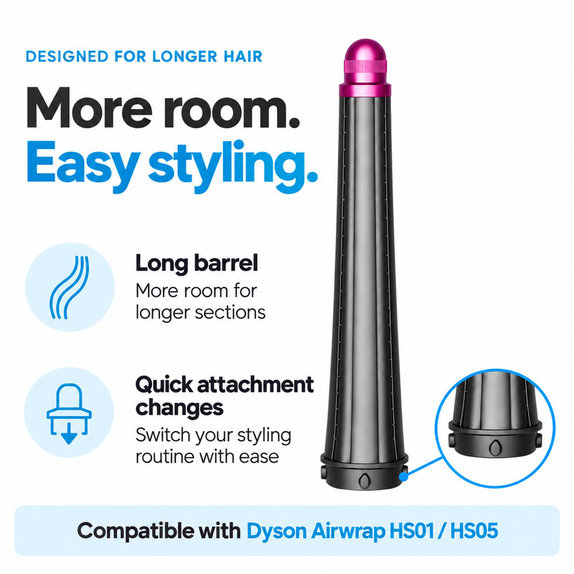 Дълъг накрайник за къдрене за Dyson Airwrap HS01, HS05, 20 mm, Nickel / Fuchsia