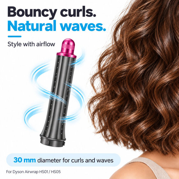 Къс накрайник за къдрене за Dyson Airwrap HS01, HS05, 30 mm, Nickel / Fuchsia