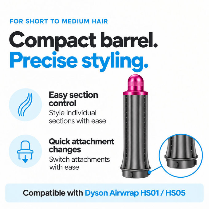 Къс накрайник за къдрене за Dyson Airwrap HS01, HS05, 30 mm, Nickel / Fuchsia