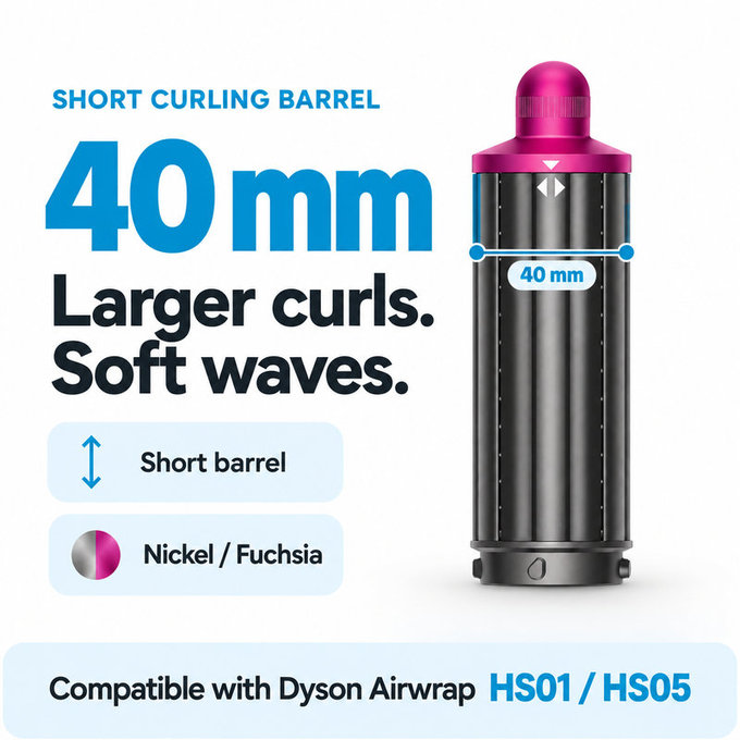 Къс накрайник за къдрене за Dyson Airwrap HS01, HS05, 40 mm, Nickel / Fuchsia