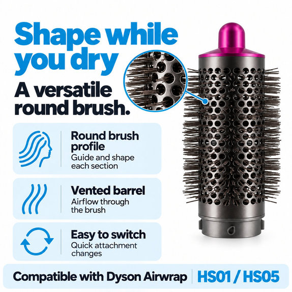 Средна кръгла четка за обем за Dyson Airwrap HS01, HS05, Iron / Fuchsia