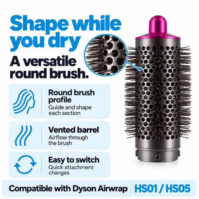 Средна кръгла четка за обем за Dyson Airwrap HS01, HS05, Iron / Fuchsia