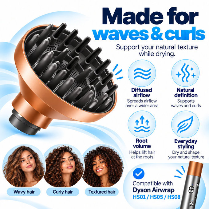Дифузер Wave + Curl за Dyson Airwrap HS01, HS05, HS08, Copper