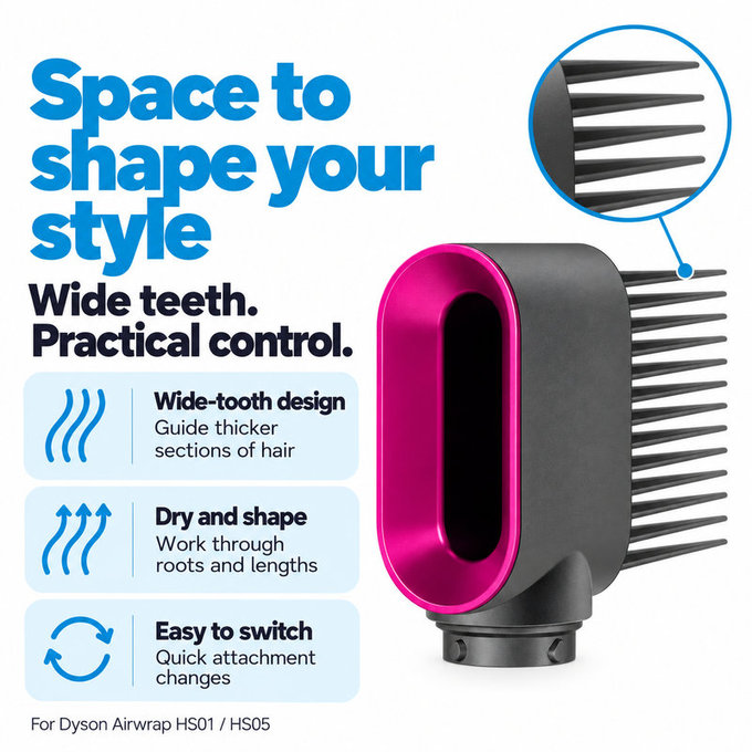 Гребен с широки зъби за Dyson Airwrap HS01, HS05, Iron / Fuchsia