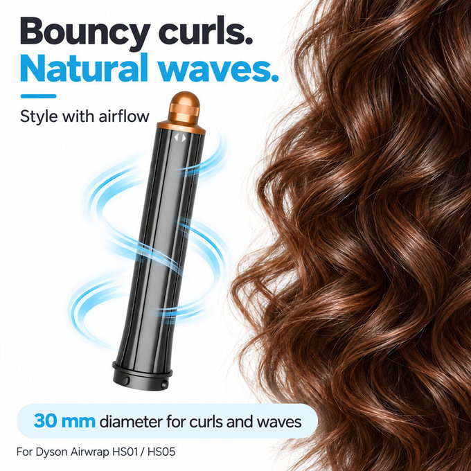 Дълъг накрайник за къдрене за Dyson Airwrap HS01, HS05, 30 mm, Nickel / Copper