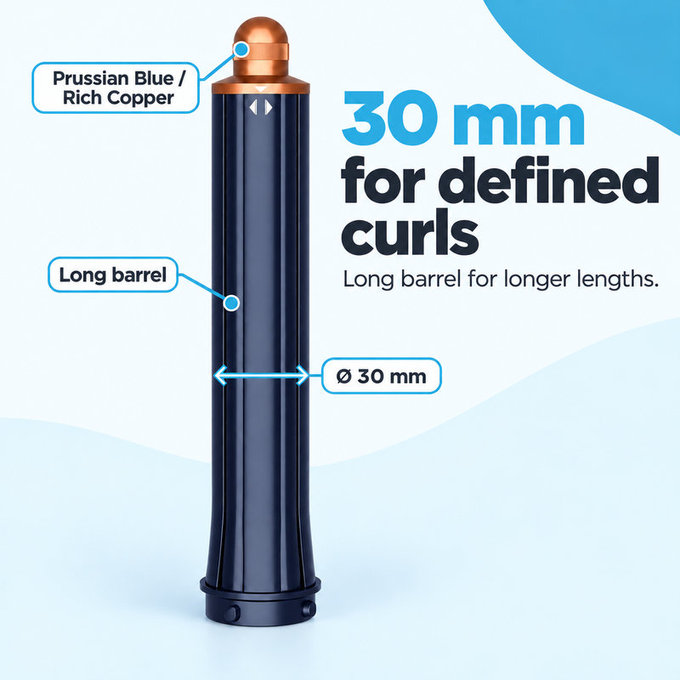 Дълъг накрайник за къдрене за Dyson Airwrap HS01, HS05, 30 mm, Prussian Blue / Rich Copper