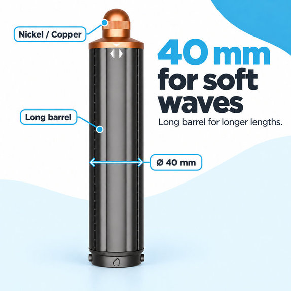 Дълъг накрайник за къдрене за Dyson Airwrap HS01, HS05, 40 mm, Nickel / Copper