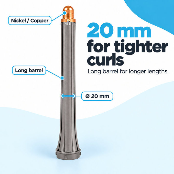 Дълъг накрайник за къдрене за Dyson Airwrap HS01, HS05, 20 mm, Nickel / Copper