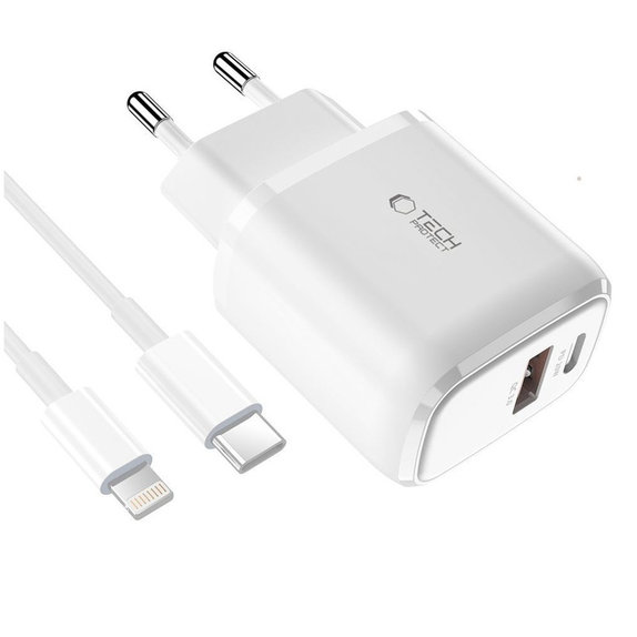 Мрежово зарядно C20W 2-PORT PD 20W / QC3.0 + Lightning Cable, бяла, Tech-Protect