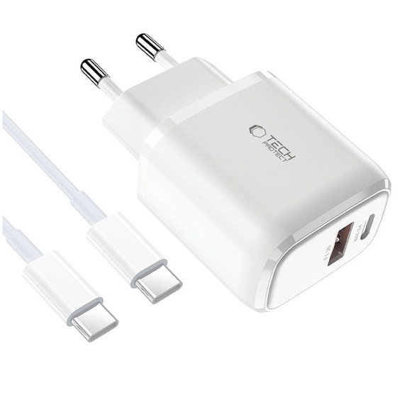 Мрежово зарядно C20W 2-PORT PD 20W / QC3.0 + USB-C Cable, бяла, Tech-Protect