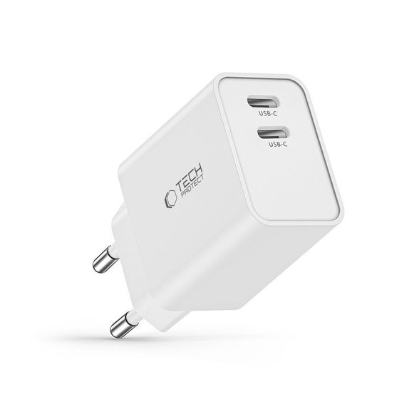Мрежово зарядно C35W 2-PORT PD 35W, бяла, Tech-Protect