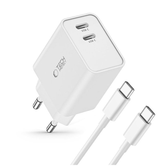 Мрежово зарядно C35W 2-PORT PD 35W + USB-C Cable, бяла, Tech-Protect