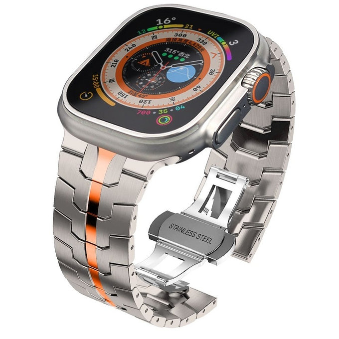 Каишка Stainless Line за Apple Watch 8 / 9 / 10 / 11 / SE / Ultra (44 / 45 / 46 / 49 mm), Titanium/Orange, Tech-Protect