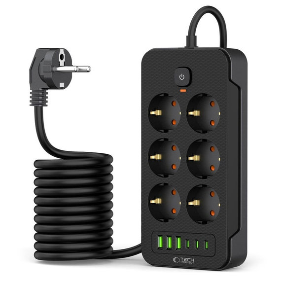 Мрежово зарядно PC6X6 Power Strip 3 USB & 3 USB-C & 6 Socket 200cm, черна, Tech-Protect