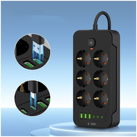 Мрежово зарядно PC6X6 Power Strip 3 USB & 3 USB-C & 6 Socket 200cm, черна, Tech-Protect