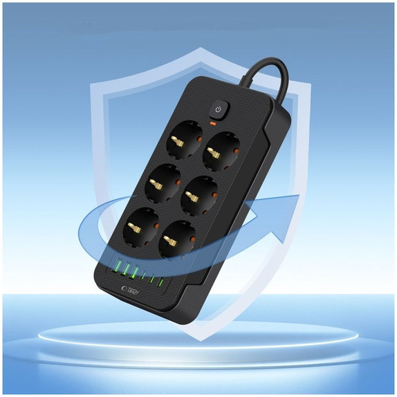 Мрежово зарядно PC6X6 Power Strip 3 USB & 3 USB-C & 6 Socket 200cm, черна, Tech-Protect