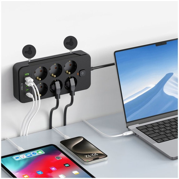 Мрежово зарядно PC6X6 Power Strip 3 USB & 3 USB-C & 6 Socket 200cm, черна, Tech-Protect