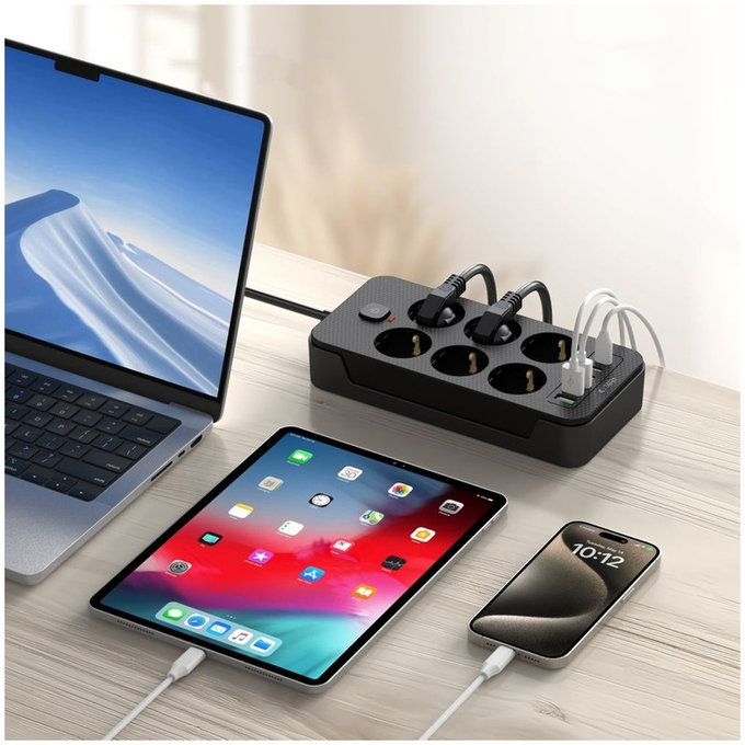 Мрежово зарядно PC6X6 Power Strip 3 USB & 3 USB-C & 6 Socket 200cm, черна, Tech-Protect