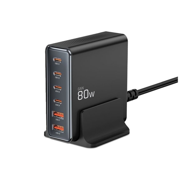 Мрежово зарядно DC80W-GAN 6-PORT PD 80W / QC3.0, черна, Tech-Protect