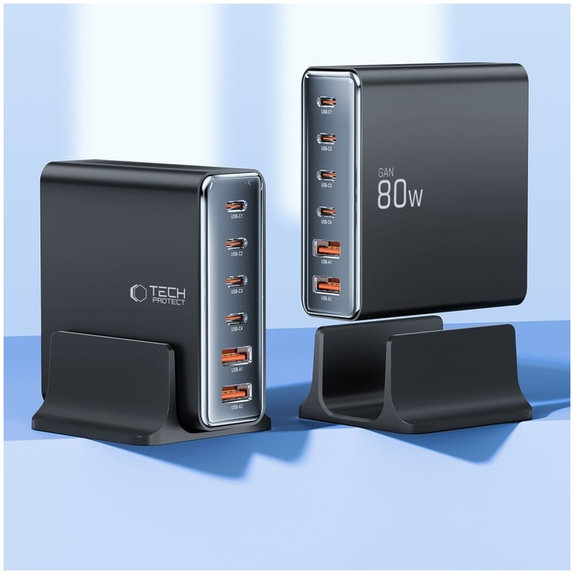 Мрежово зарядно DC80W-GAN 6-PORT PD 80W / QC3.0, черна, Tech-Protect