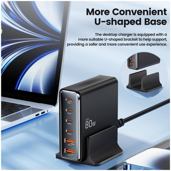 Мрежово зарядно DC80W-GAN 6-PORT PD 80W / QC3.0, черна, Tech-Protect