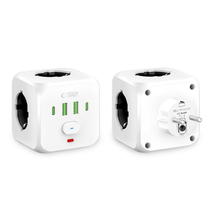 Мрежово зарядно PCL3X4 Power Socket 2 USB & 2 USB-C & 3 Socket, бяла, Tech-Protect