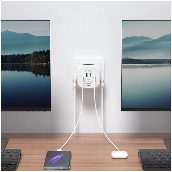 Мрежово зарядно PCL3X4 Power Socket 2 USB & 2 USB-C & 3 Socket, бяла, Tech-Protect