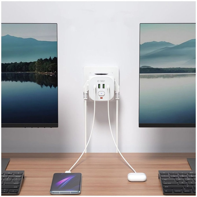 Мрежово зарядно PCL3X4 Power Socket 2 USB & 2 USB-C & 3 Socket, бяла, Tech-Protect