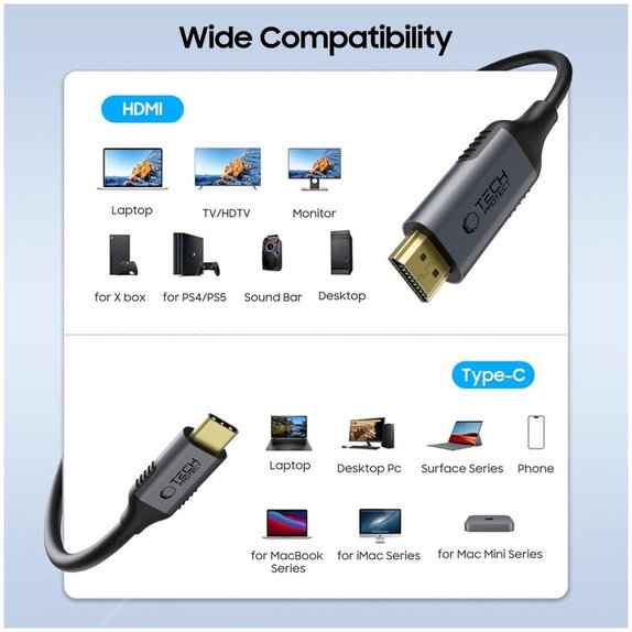 Кабел Ultraboost Cable USB-C / HDMI 2.0 4K 60Hz 180cm, черна, Tech-Protect