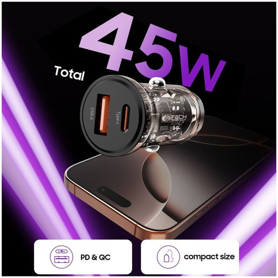 Автомобилно зарядно CC01 2-PORT PD 45W / QC3.0, черна, Tech-Protect