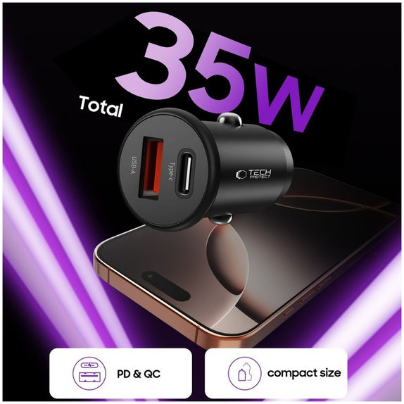 Автомобилно зарядно CC02 2-PORT PD 35W / QC3.0, черна, Tech-Protect