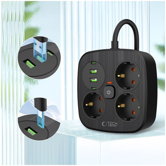 Мрежово зарядно PCS3X4 Power Strip 2 USB & 2 USB-C & 3 Socket 200cm, черна, Tech-Protect