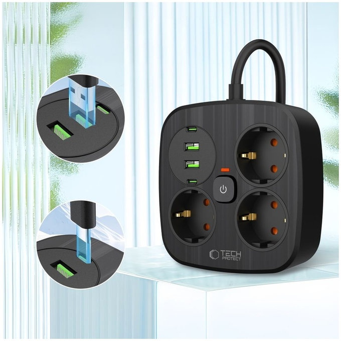 Мрежово зарядно PCS3X4 Power Strip 2 USB & 2 USB-C & 3 Socket 200cm, черна, Tech-Protect