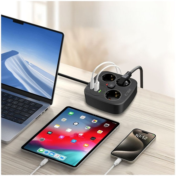 Мрежово зарядно PCS3X4 Power Strip 2 USB & 2 USB-C & 3 Socket 200cm, черна, Tech-Protect