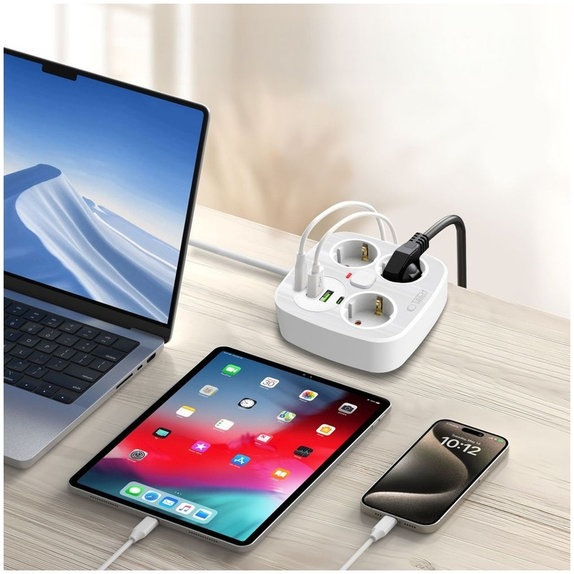 Мрежово зарядно PCS3X4 Power Strip 2 USB & 2 USB-C & 3 Socket 200cm, бяла, Tech-Protect