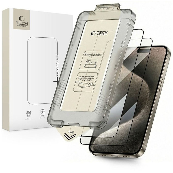 Закалено стъкло Quick Set+ 2-PACK за iPhone 15 Pro, черна, Tech-Protect