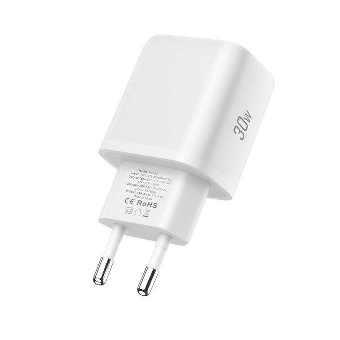 Мрежово зарядно NCA30 2-PORT PD 30W / QC3.0 + Lightning Cable, бяла, Tech-Protect