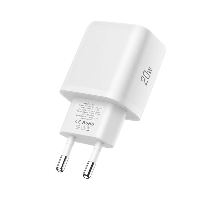 Мрежово зарядно NCA20 2-PORT PD 20W / QC3.0, бяла, Tech-Protect