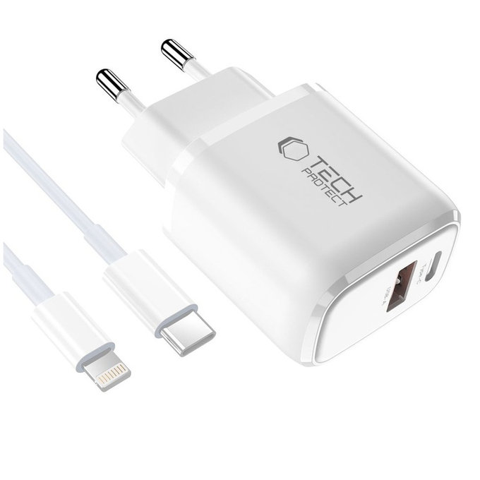 Мрежово зарядно NCA20 2-PORT PD 20W / QC3.0 + Lightning Cable, бяла, Tech-Protect