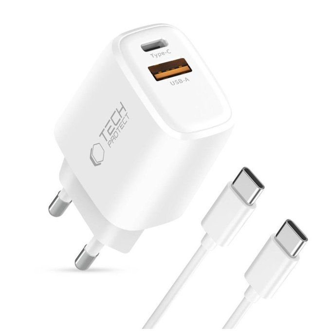 Мрежово зарядно NCA20 2-PORT PD 20W / QC3.0 + USB-C Cable, бяла, Tech-Protect