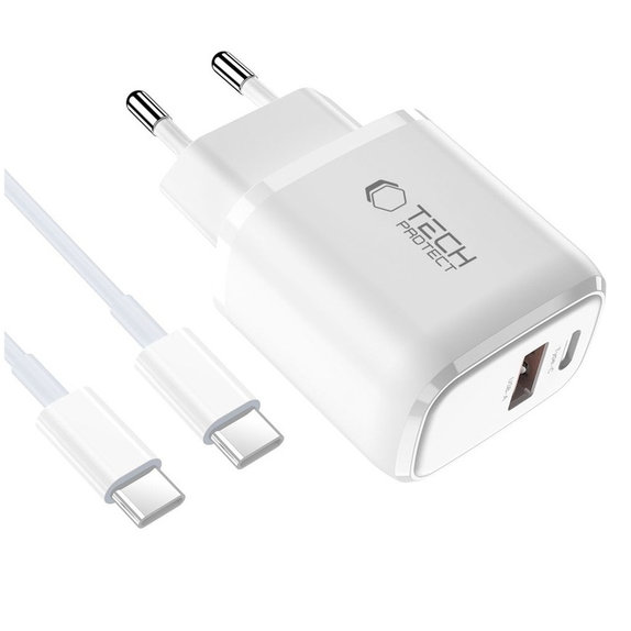 Мрежово зарядно NCA20 2-PORT PD 20W / QC3.0 + USB-C Cable, бяла, Tech-Protect