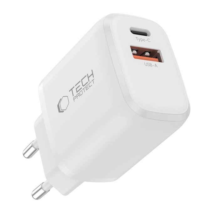 Мрежово зарядно NCA20 2-PORT PD 20W / QC3.0 + USB-C Cable, бяла, Tech-Protect