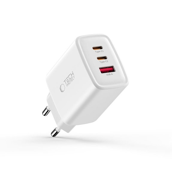 Мрежово зарядно NCA65W-GAN 3-PORT PD 65W / QC3.0, бяла, Tech-Protect