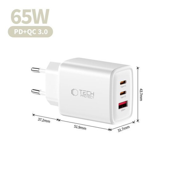 Мрежово зарядно NCA65W-GAN 3-PORT PD 65W / QC3.0, бяла, Tech-Protect