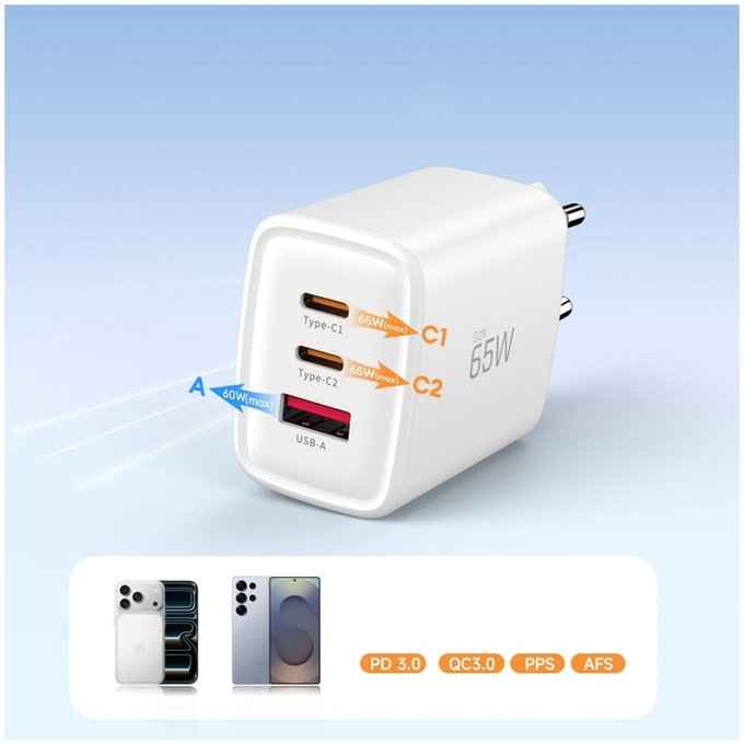 Мрежово зарядно NCA65W-GAN 3-PORT PD 65W / QC3.0, бяла, Tech-Protect
