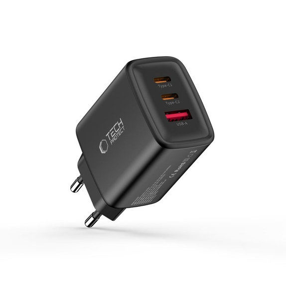 Мрежово зарядно NCA65W-GAN 3-PORT PD 65W / QC3.0, черна, Tech-Protect