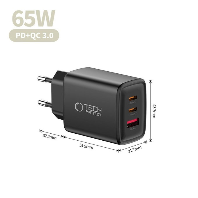 Мрежово зарядно NCA65W-GAN 3-PORT PD 65W / QC3.0, черна, Tech-Protect